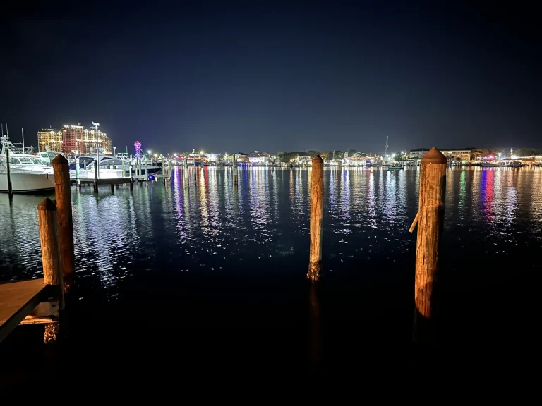 Destin Harbor waterfront at night
